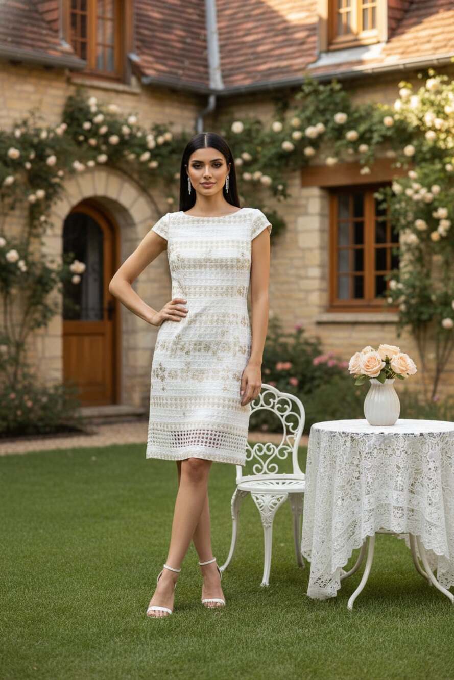 Vince Camuto White & Gold Metallic Geometric Embroidered Sheath Dress Size 2